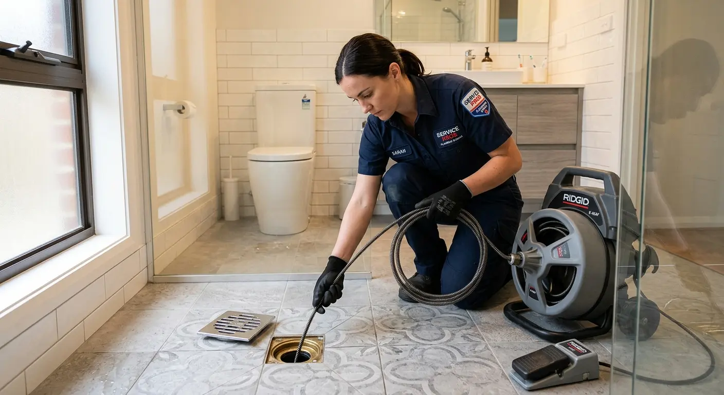 Technician clearing a bathroom floor drain for Drain Cleaning in Forest Acres